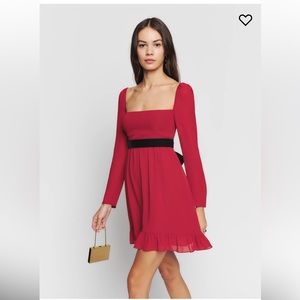 Reformation Red Long Sleeve Square Neck Mini Dress with Black Waist Detail